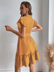 SHEIN LUNE 波點圖案蝴蝶袖荷葉邊下擺繫腰帶連衣裙 - 芥末黃 - 查看 2