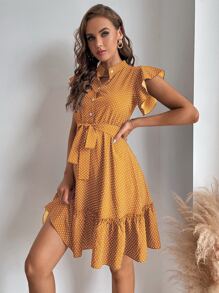 SHEIN LUNE 波點圖案蝴蝶袖荷葉邊下擺繫腰帶連衣裙 - 芥末黃 - 查看 3