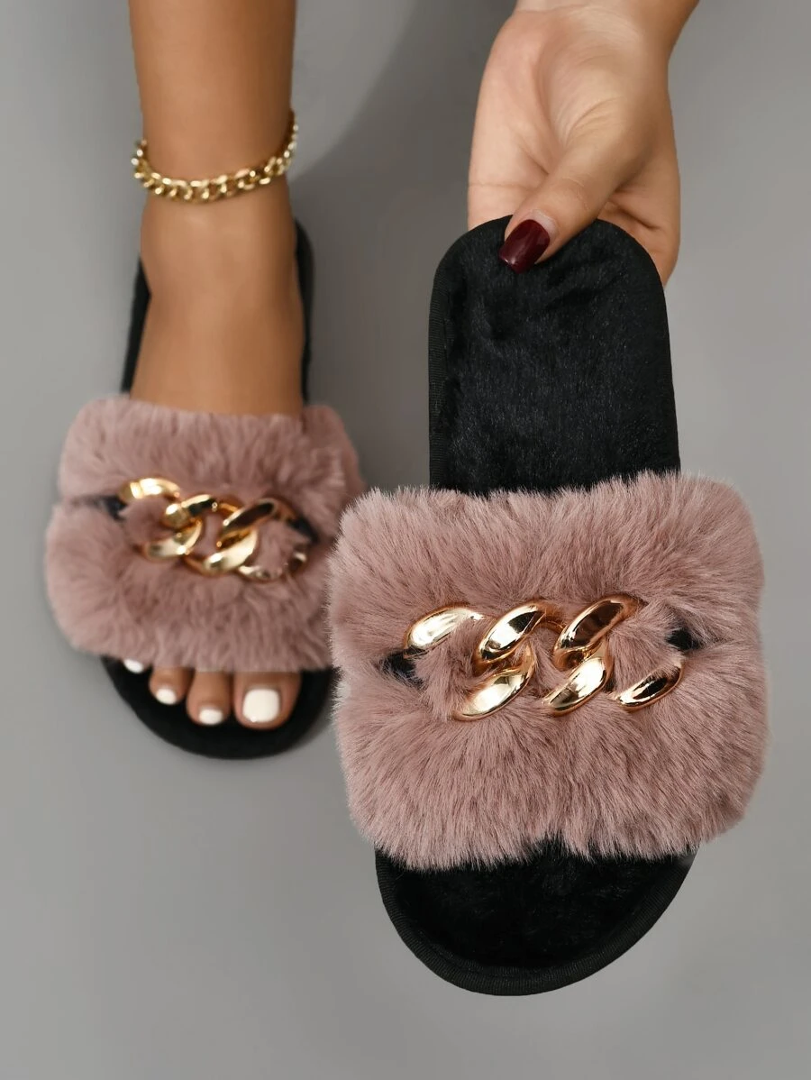 金屬裝飾毛茸茸家居拖鞋,女性冬季時尚仿毛料金鏈裝飾,開放式腳趾,平底家居拖鞋,黑色 - 粉色 - 查看 1