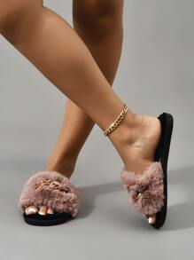 金屬裝飾毛茸茸家居拖鞋,女性冬季時尚仿毛料金鏈裝飾,開放式腳趾,平底家居拖鞋,黑色 - 粉色 - 查看 3