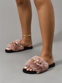 金屬裝飾毛茸茸家居拖鞋,女性冬季時尚仿毛料金鏈裝飾,開放式腳趾,平底家居拖鞋,黑色 - 粉色 - 查看 4