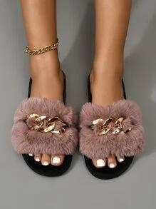 金屬裝飾毛茸茸家居拖鞋,女性冬季時尚仿毛料金鏈裝飾,開放式腳趾,平底家居拖鞋,黑色 - 粉色 - 查看 5