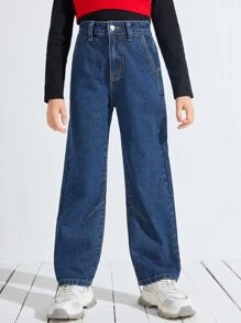 SHEIN 女孩高腰斜口袋闊腿牛仔褲 - 深色水洗藍 - 查看 1