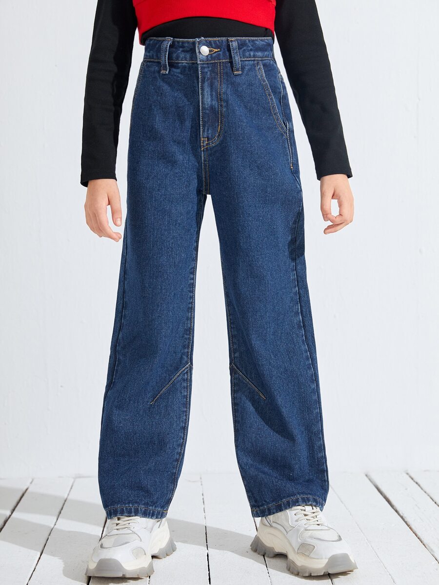 SHEIN 女孩高腰斜口袋闊腿牛仔褲 - 深色水洗藍 - 查看 1