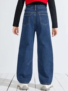 SHEIN 女孩高腰斜口袋闊腿牛仔褲 - 深色水洗藍 - 查看 2