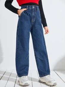 SHEIN 女孩高腰斜口袋闊腿牛仔褲 - 深色水洗藍 - 查看 3