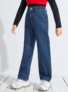 SHEIN 女孩高腰斜口袋闊腿牛仔褲 - 深色水洗藍 - 查看 4