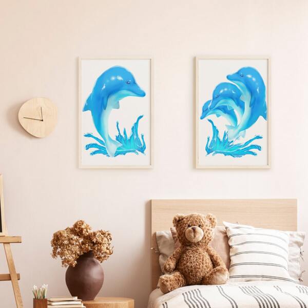

2pcs Dolphin Print Unframed Painting, Multicolor
