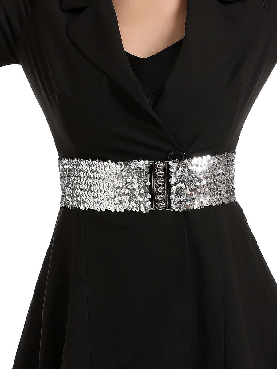 Sequin Decor Elastic Corset Belt - Silver - View 1