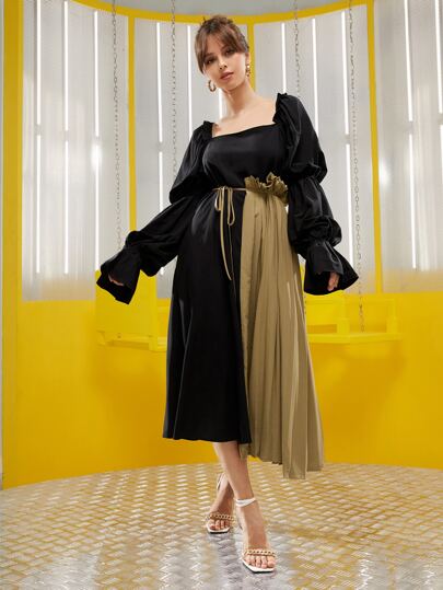 RUE DE RUI Color Block Gathered Sleeve Frilled Square Neck Pleated Hem Belted Dress
