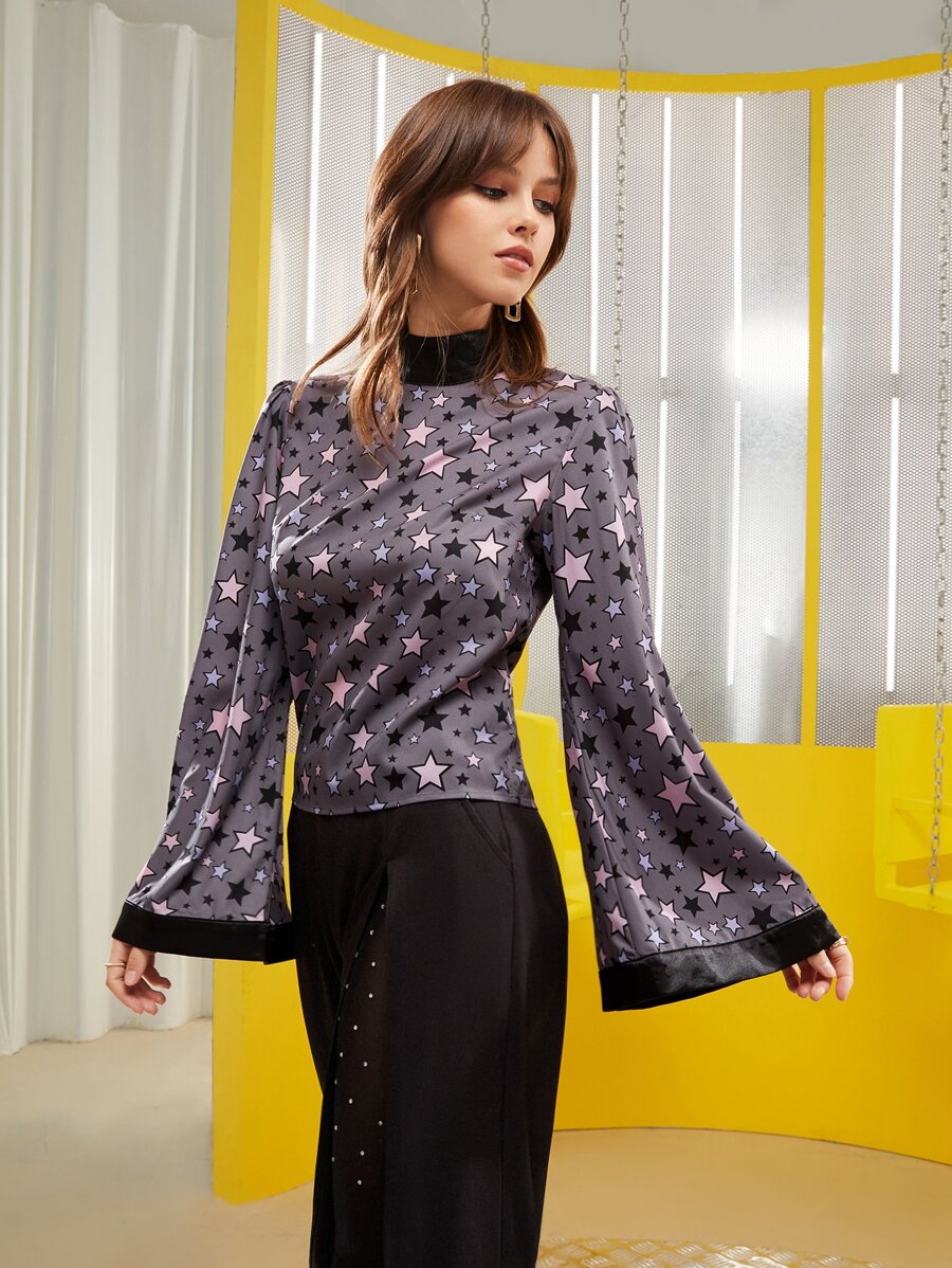 Minow Star Print Flounce Sleeve Blouse - Multicolor - View 1
