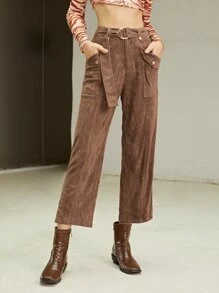 SHEIN Quần Túi Kép Thắt lưng Suedette - Màu nâu  Mocha - Xem 1