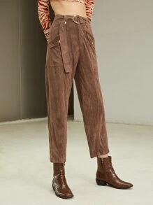 SHEIN Quần Túi Kép Thắt lưng Suedette - Màu nâu  Mocha - Xem 3