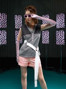 LI WEN Self Belted Mixed Plaid Sleeveless Blouse - Multicolor - View 1