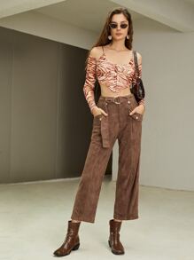 SHEIN Quần Túi Kép Thắt lưng Suedette - Màu nâu  Mocha - Xem 4