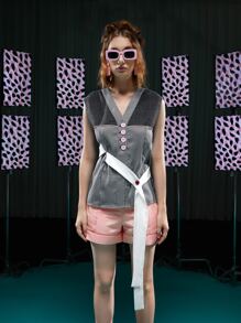 LI WEN Self Belted Mixed Plaid Sleeveless Blouse - Multicolor - View 3