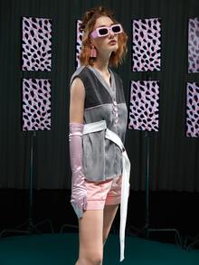 LI WEN Self Belted Mixed Plaid Sleeveless Blouse - Multicolor - View 6