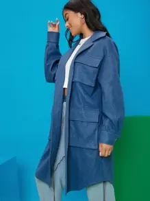 SHEIN EZwear Överrock med nedsänkta axelklaffar och fickor för höst/vinter - Blå - Visa 3
