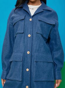 SHEIN EZwear Överrock med nedsänkta axelklaffar och fickor för höst/vinter - Blå - Visa 4