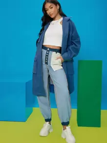 SHEIN EZwear Överrock med nedsänkta axelklaffar och fickor för höst/vinter - Blå - Visa 5