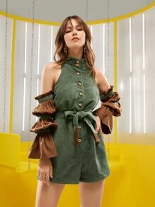 GIUSY Áo liền quần nữ Thắt lưng viền lá sen Nút phía trước Khối Màu Giải trí - xanh quân đội - Xem 1