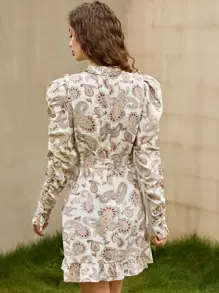 SHEIN VCAY Paisley Print Gigot Sleeve Ruffle Trim Belted Dress - Multicolor - View 2