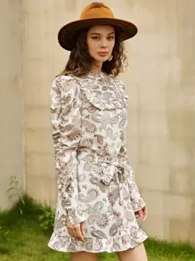 SHEIN VCAY Paisley Print Gigot Sleeve Ruffle Trim Belted Dress - Multicolor - View 3