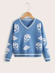 SHEIN Girls Skeleton Pattern Striped Trim Drop Shoulder Jumper - Blue - View 1