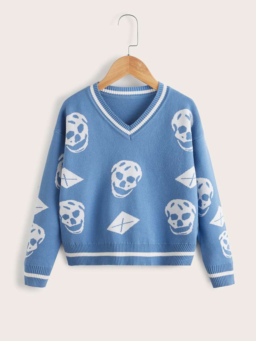SHEIN Girls Skeleton Pattern Striped Trim Drop Shoulder Jumper - Blue - View 1