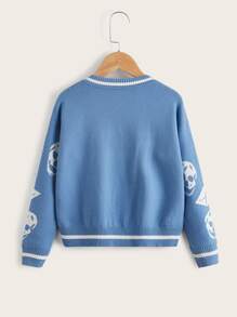 SHEIN Girls Skeleton Pattern Striped Trim Drop Shoulder Jumper - Blue - View 2