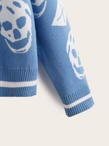 SHEIN Girls Skeleton Pattern Striped Trim Drop Shoulder Jumper - Blue - View 3