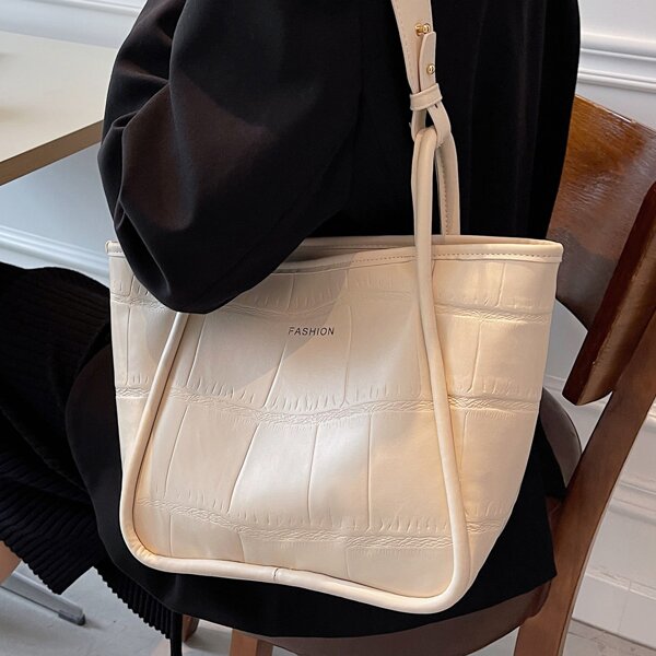 

Crocodile Embossed Shoulder Tote Bag, White
