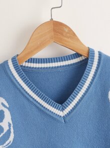 SHEIN Girls Skeleton Pattern Striped Trim Drop Shoulder Jumper - Blue - View 4