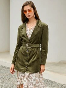 SHEIN Unity معطف قطني بعنق مطوي مسنن حزام - اخضر زيتون - مشاهدة 1
