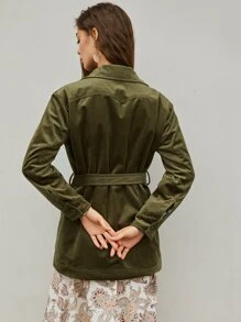 SHEIN Unity معطف قطني بعنق مطوي مسنن حزام - اخضر زيتون - مشاهدة 2