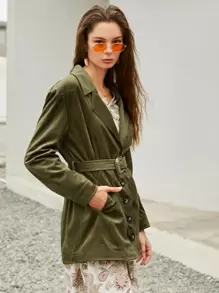 SHEIN Unity معطف قطني بعنق مطوي مسنن حزام - اخضر زيتون - مشاهدة 5
