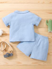 嬰兒男孩口袋拼接上衣和短褲套裝 - 淺藍色 - 查看 2