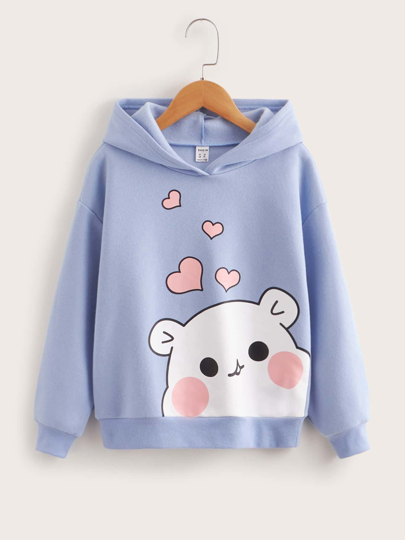 SHEIN Áo nỉ giữ nhiệt tay trễ vai in hình gấu và trái tim dành cho bé gái tuổi teen - Màu xanh nhạt - Xem 1