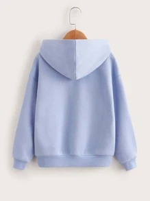 SHEIN Áo nỉ giữ nhiệt tay trễ vai in hình gấu và trái tim dành cho bé gái tuổi teen - Màu xanh nhạt - Xem 2
