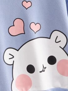 SHEIN Áo nỉ giữ nhiệt tay trễ vai in hình gấu và trái tim dành cho bé gái tuổi teen - Màu xanh nhạt - Xem 4