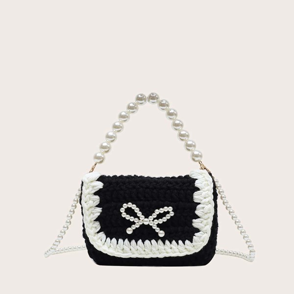 

Girls Bow Decor Flap Square Bag, Black and white