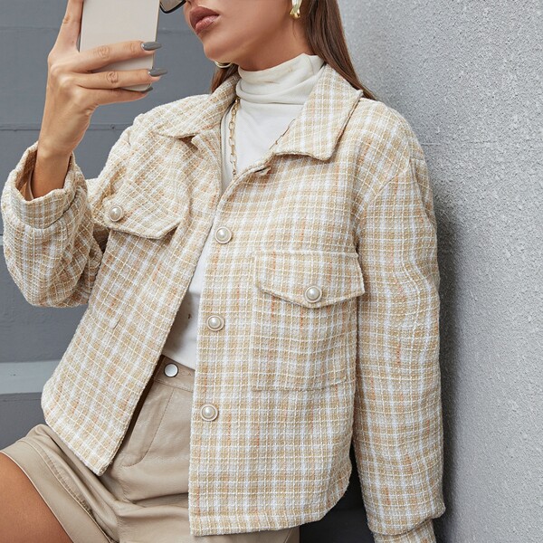 

Flap Pocket Plaid Tweed Jacket, Beige