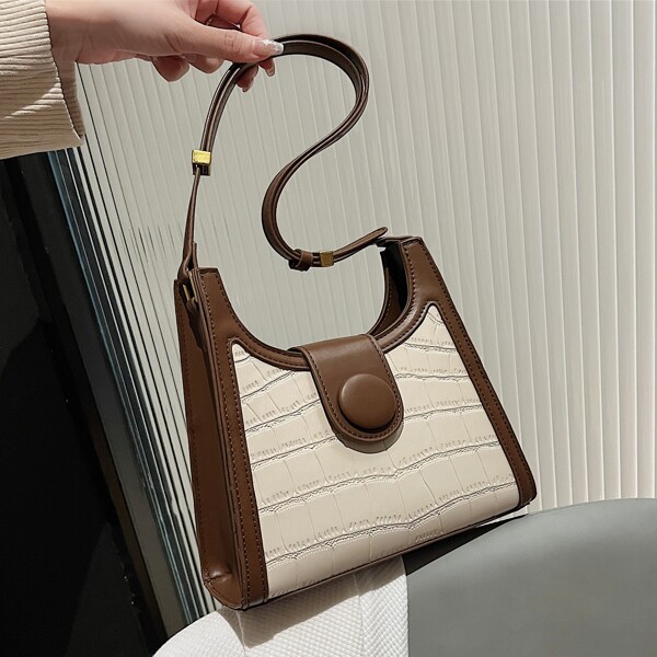 

Crocodile Embossed Snap Button Square Bag, Beige