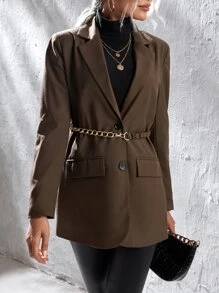 單排釦翻蓋細節腰帶西裝外套 - 咖啡棕 - 查看 1