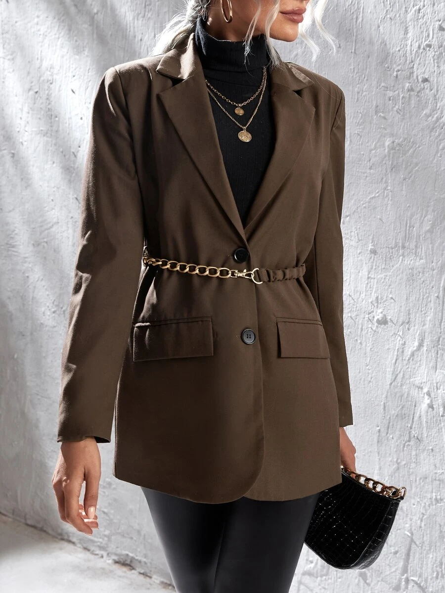 單排釦翻蓋細節腰帶西裝外套 - 咖啡棕 - 查看 1