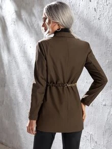 單排釦翻蓋細節腰帶西裝外套 - 咖啡棕 - 查看 2