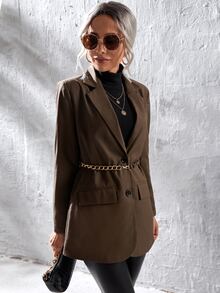 單排釦翻蓋細節腰帶西裝外套 - 咖啡棕 - 查看 3