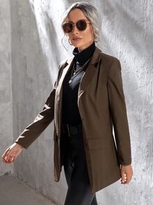 單排釦翻蓋細節腰帶西裝外套 - 咖啡棕 - 查看 4