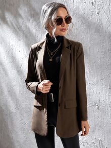 單排釦翻蓋細節腰帶西裝外套 - 咖啡棕 - 查看 5