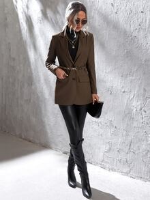 單排釦翻蓋細節腰帶西裝外套 - 咖啡棕 - 查看 6